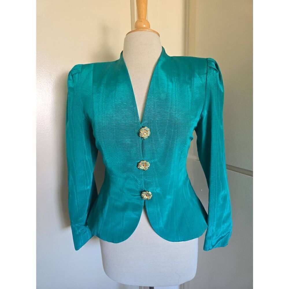 Ursula of Switzerland Vintage Bright Green Moire Evening Jacket, Sz. 8
